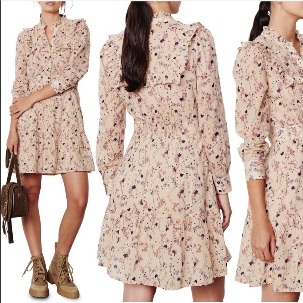 BA&SH Belle Mini Long Sleeve Shirt Dress In Ditsy Floral Print Size S